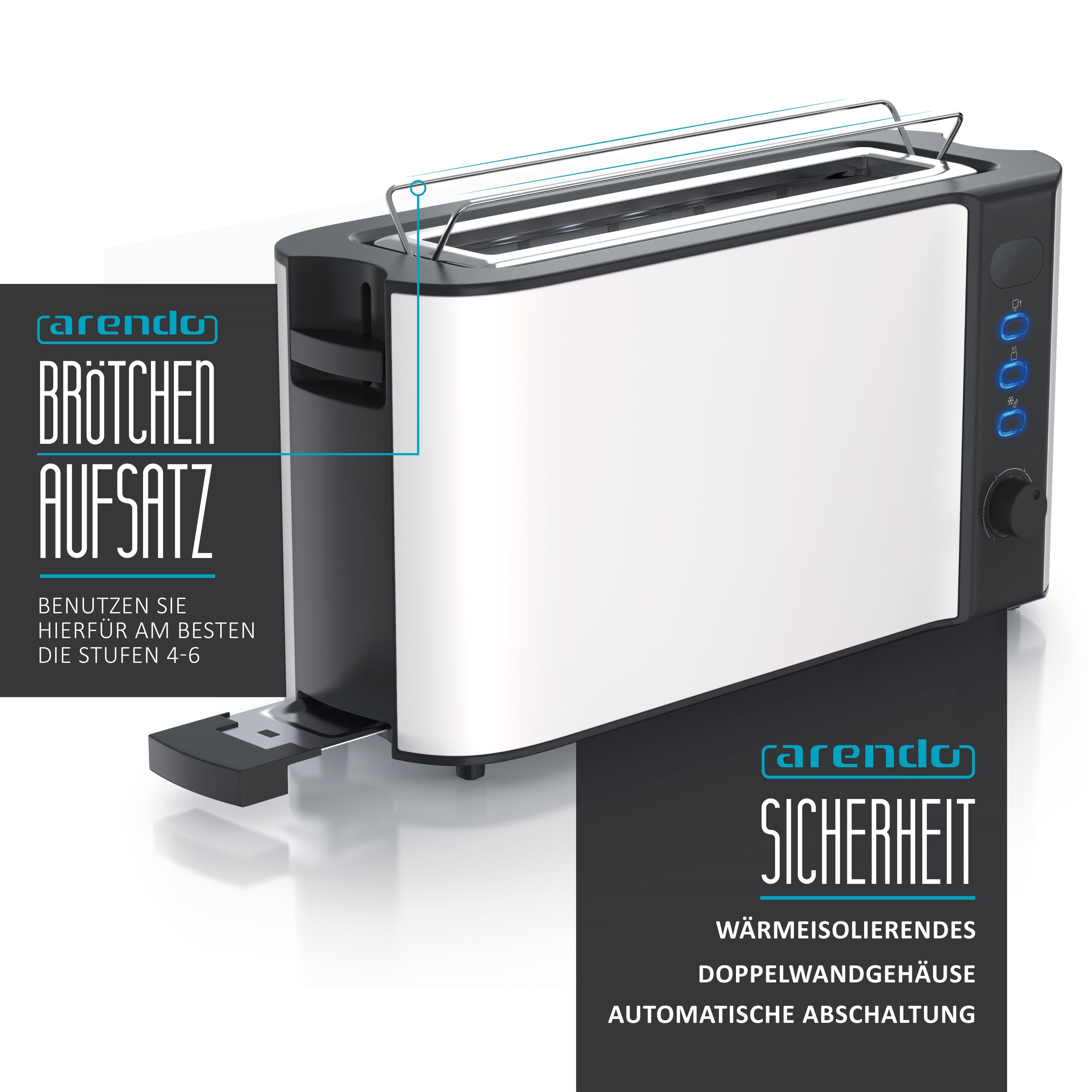 Arendo Frühstücksset, Wasserkocher ELEGANT 1,5 Liter & Langschlitztoaster für 2 Scheiben, Weiß