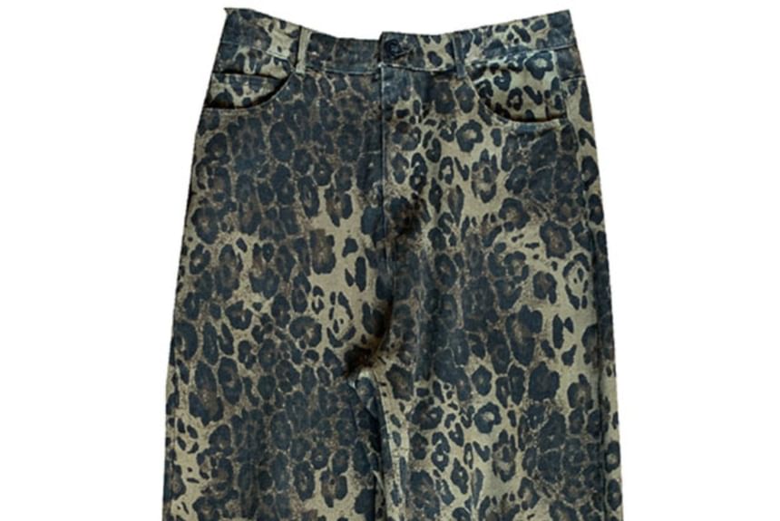 Whyessa - Low Rise Leopard Print Washed Baggy Jeans