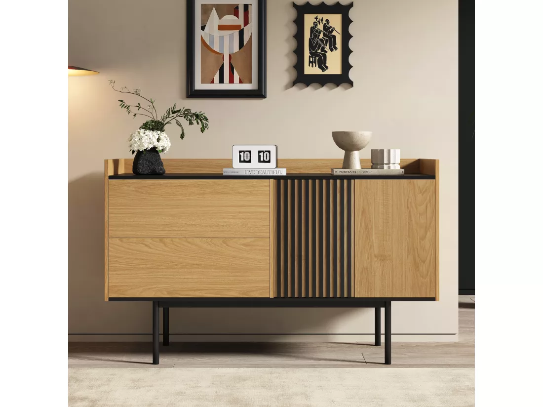 Buffet bas avec 2 tiroirs et 2 portes - 130 x 40 x 80.5 cm - étagère réglable - Bois MDF - Naturel + noir