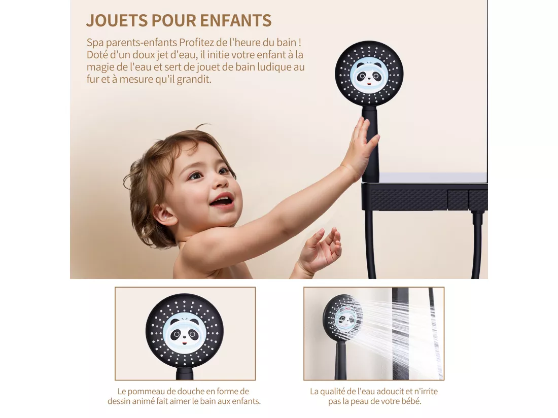 Colonne de Douche Thermostatique 40℃ avec Plateau de Rangement Ensemble de douche 4 fonctions avec douchette pour enfants