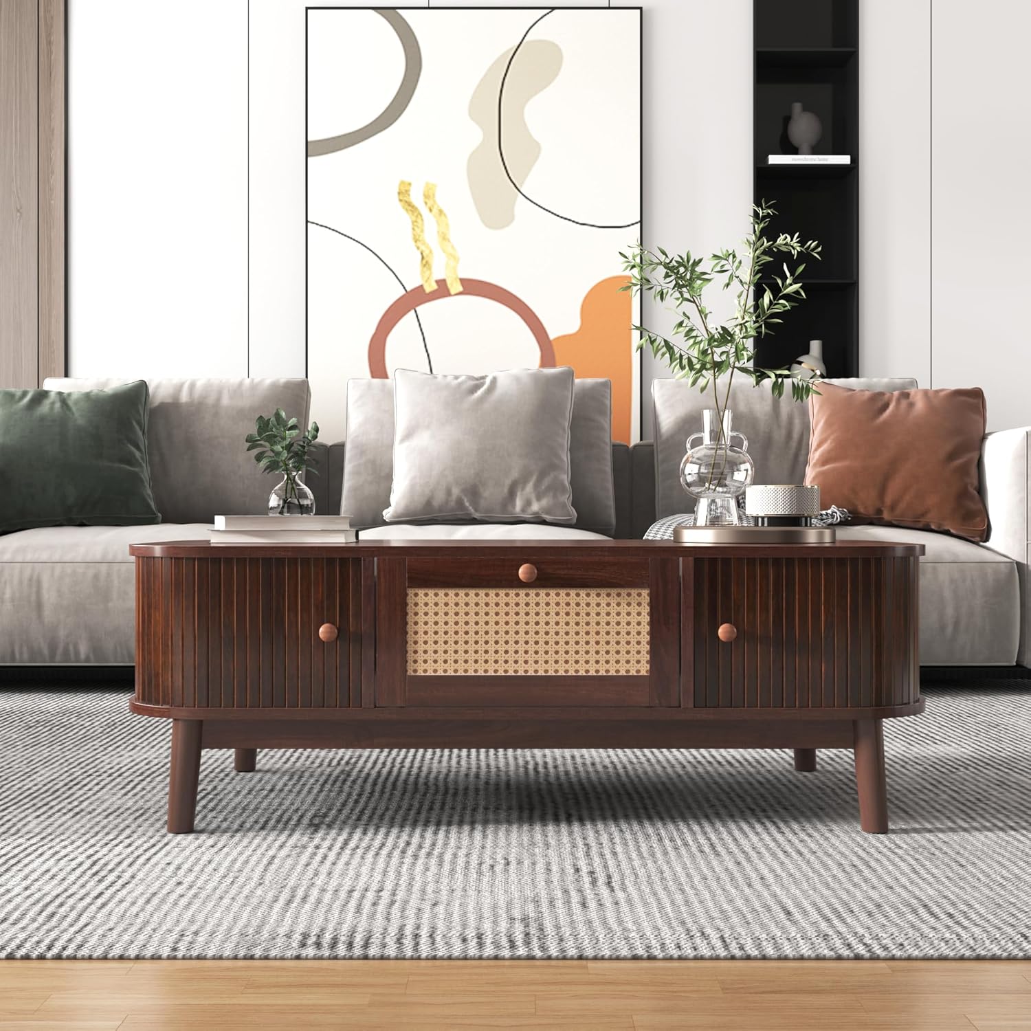 Merax Couchtisch Niedriger, Moderner Kaffeetisch mit Schubladen und Schiebetüren aus Massivholzplatten, Wohnzimmertisch mit Stauräume, Multifunktionaler Beistelltisch Sofatisch, Landhausstil, Braun