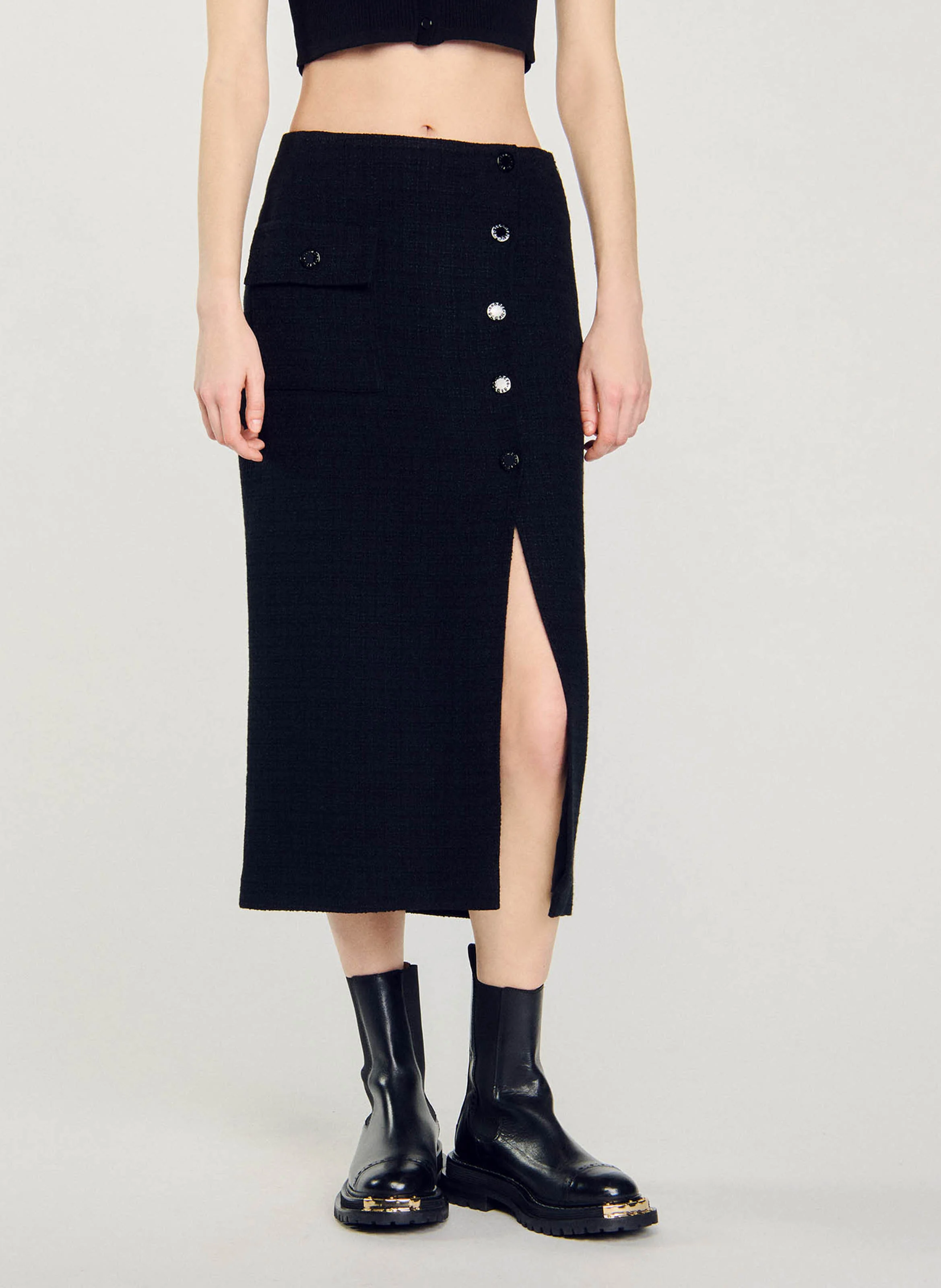 Jupe en tweed mi longue en coton mélangé | Noir