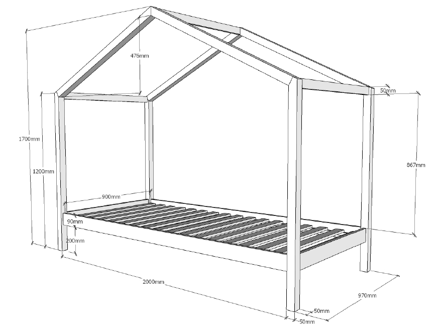 Hausbett DALLAS 3 - natur - Kiefer massiv - inklusive Himmel