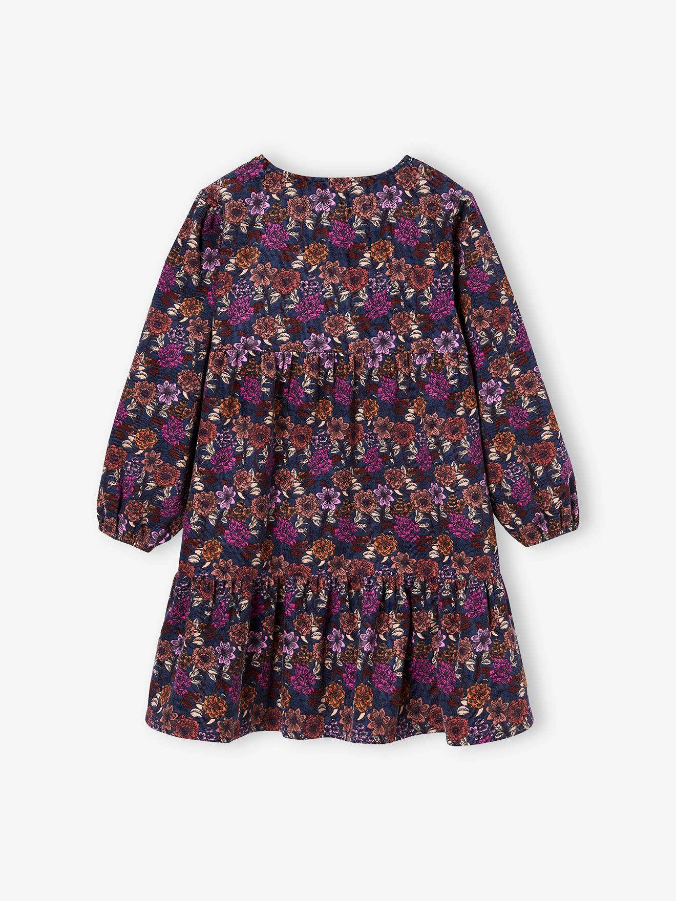 Vestido floral azul escuro de veludo cotelê para meninas