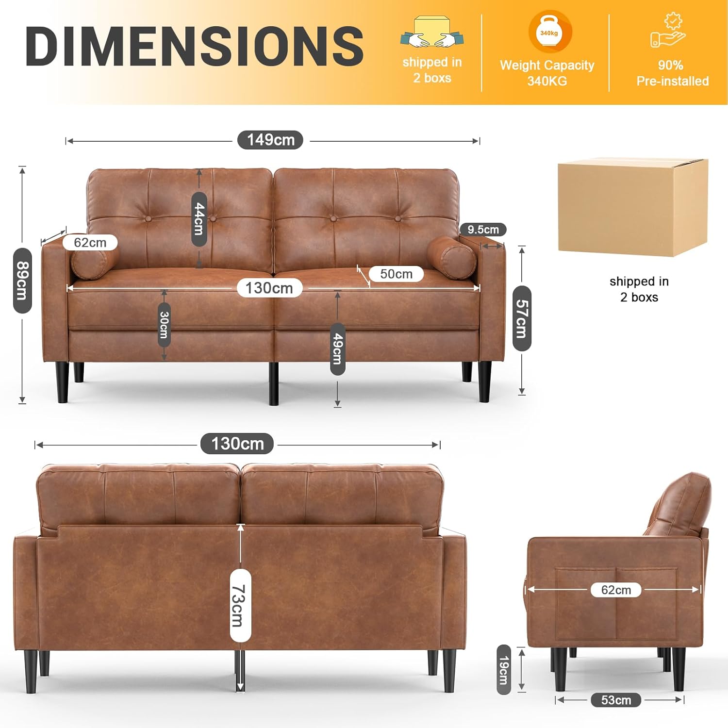 2-Sitzer-Sofa Modern Dick Gepolstert 2 Kissen Komfortables Leder Sofa mit 2 Staufächern für Wohnzimmer Schlafzimmer Büro Einfach zu montieren Klein