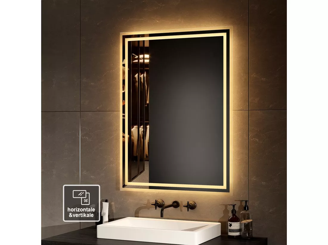 EMKE Miroir lumineux salle de bain 80x60cm, Miroir avec éclairage Miroir LED, Lumière Blanche Chaude