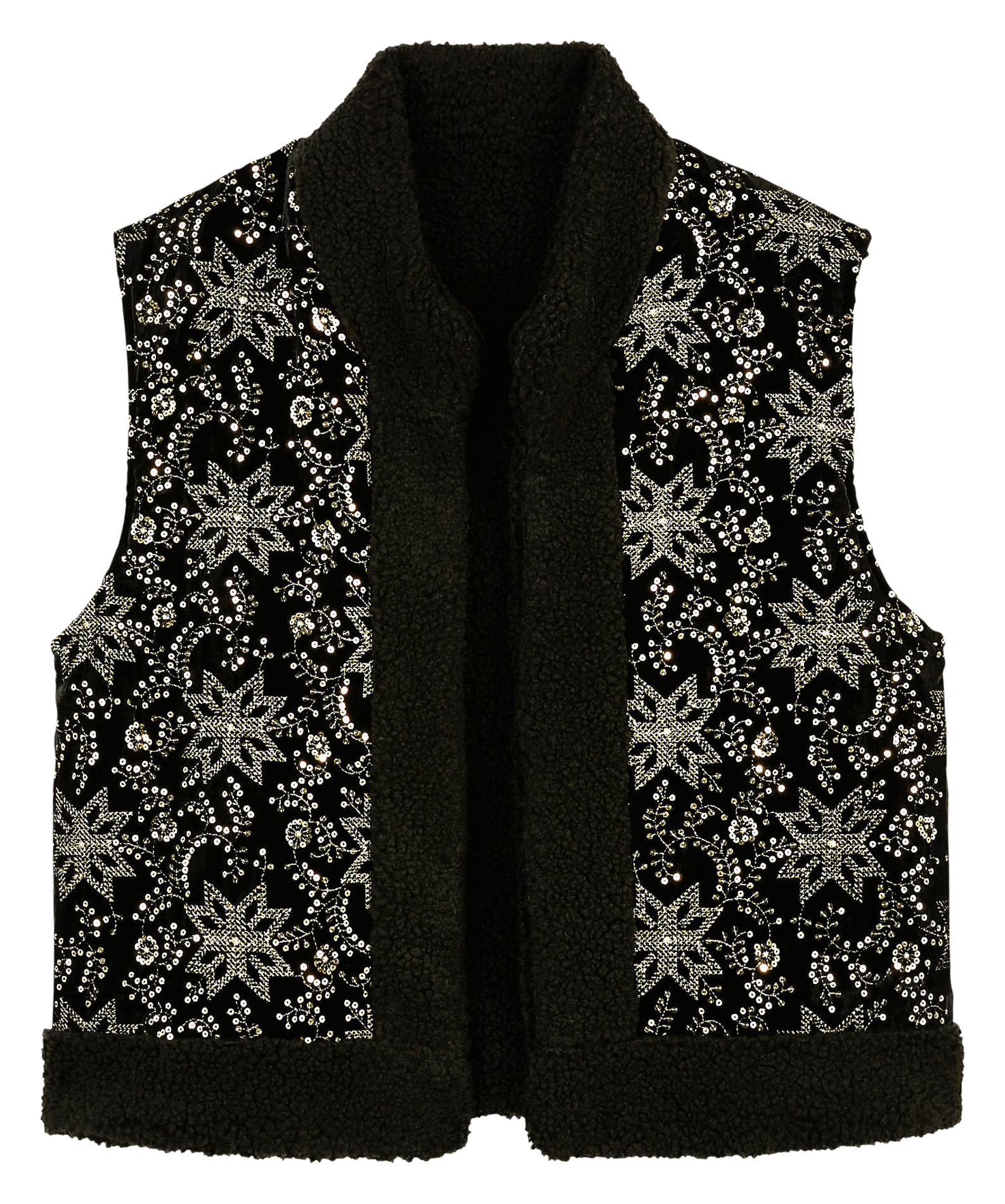 HEATHER - Gilet sans manches effet fourrure brodé | Noir