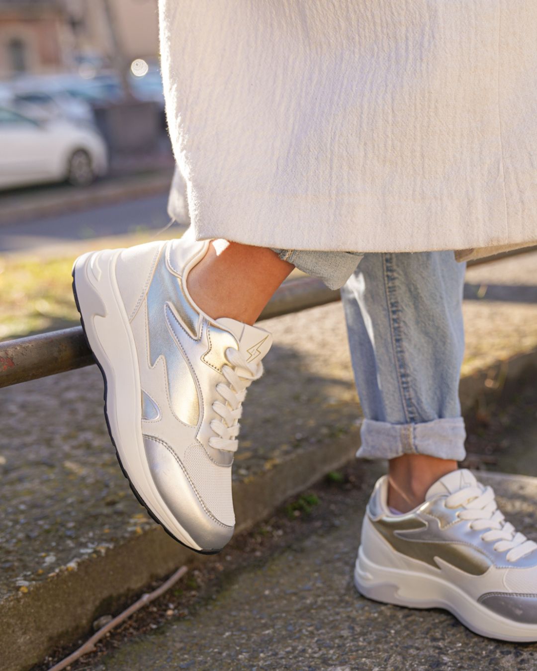 Basket femme blanche et argentée à lacets - CL78 SILVER