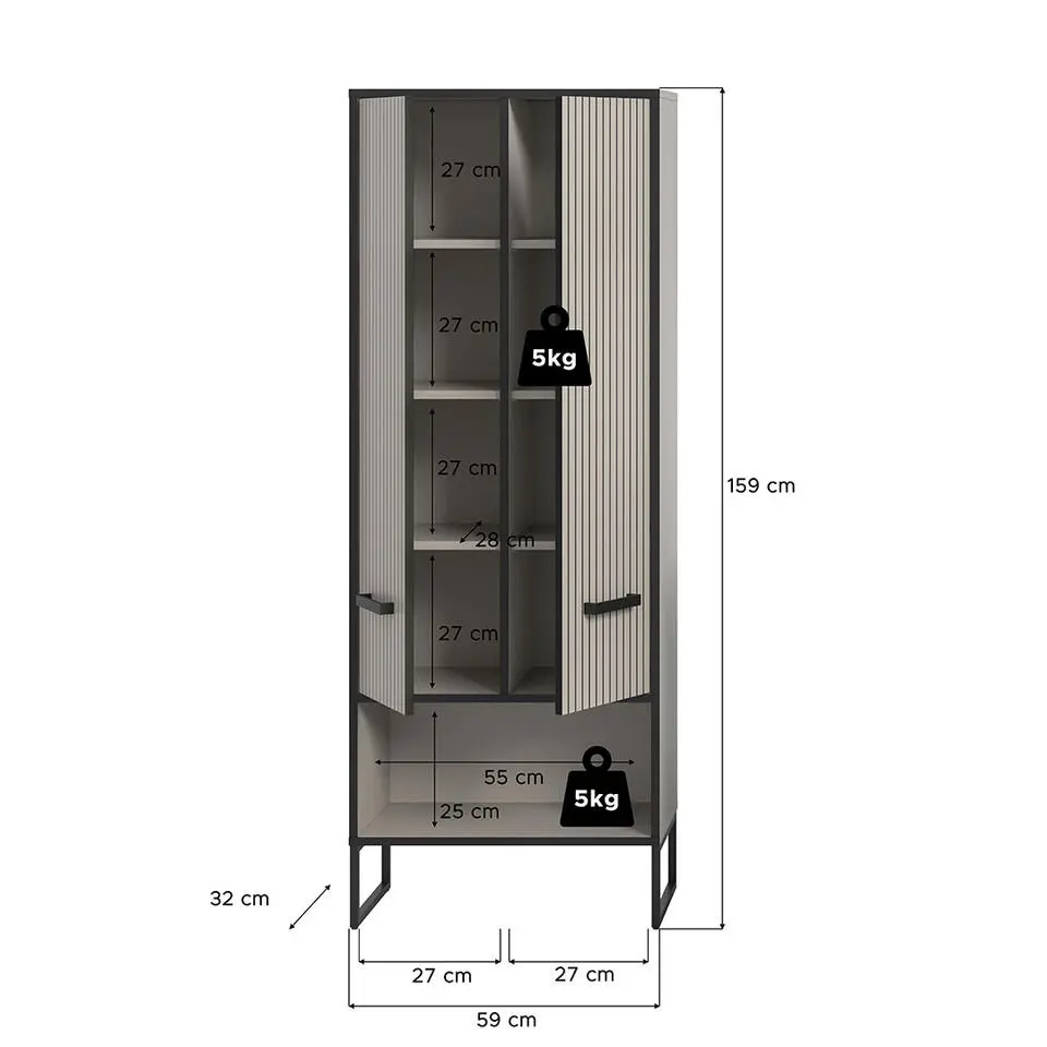 Hioshop Bagno kolomkast 2 deuren lichtgrijs- crèmekleurig
