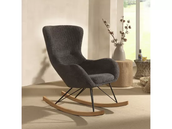 MOUTY - Chaise à Bascule en Tissu Bouclette Gris Pieds Bois et Métal