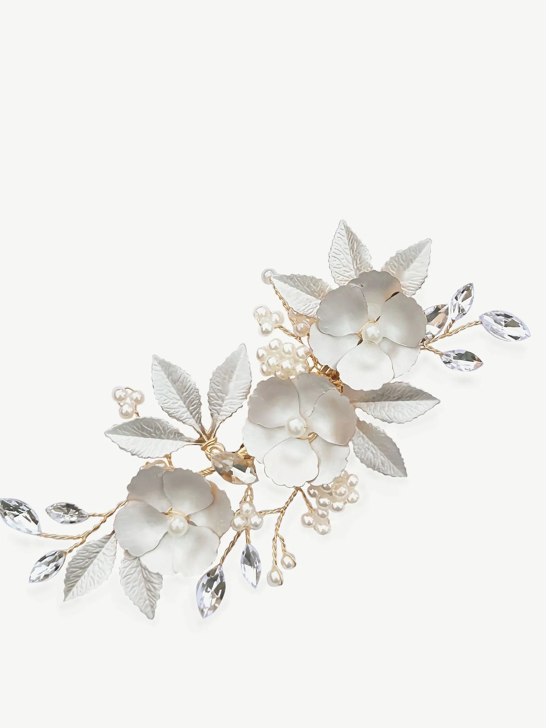 Goud - Ivory & Co - Gardenia klem met kristallen, parels en geëmailleerde bloem