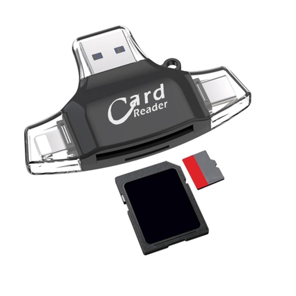 4in1 USB Mini Kartenlesegerät Card Reader Lightning / Micro USB / USB C / MicroSD & SD Karte - Schwarz
