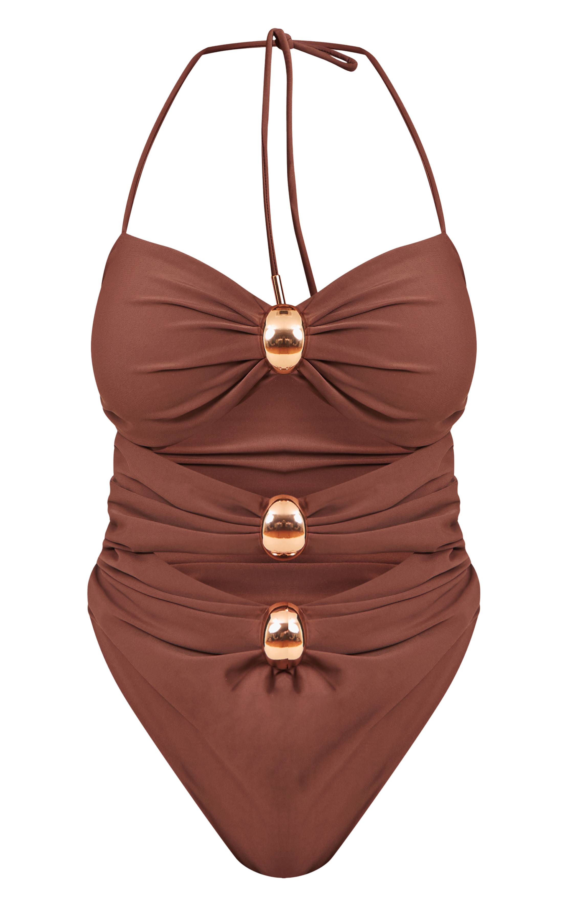 Chocolat Maillot De Bain Forme Galbante À Bretelles Avec Détails Dorés Et Torsade Devant