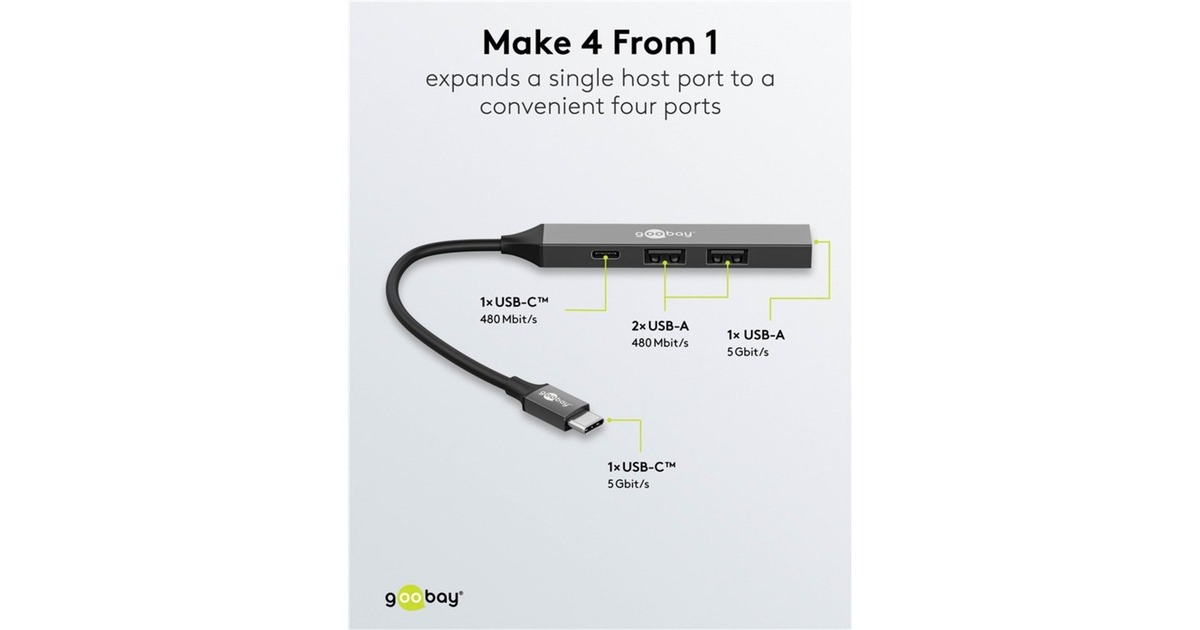 goobaySlanke USB-hub met 4 poorten, USB-C naar USB-C/USB-A, 5 Gbit/s  (Lichtgrijs)