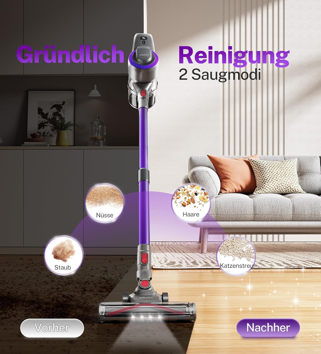 Akku Staubsauger, 28000Pa/175W/55Min Staubsauger Kabellos, Anti-Tangle-Bürste und Selbststehend, Ultraleichter Handstaubsauger akku vacuum cleaner Stielstaubsauger für Teppichen, Hartboden, Tierhaare