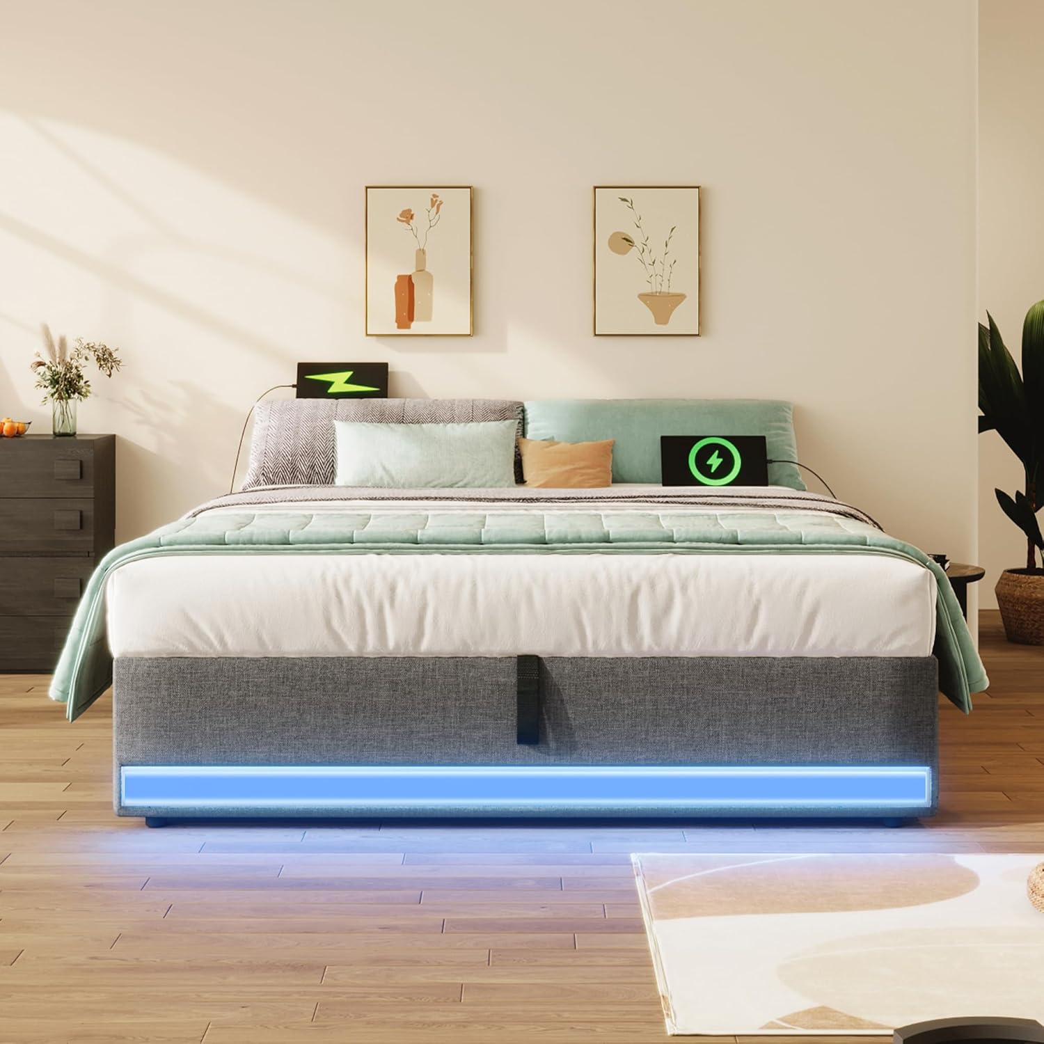 Polsterbett, 140 * 200cm, Fernbedienbare LED-Leiste,Mit USB und Typ-C, Mit kleinen Aufbewahrungstaschen, Kein Kopfteil-Design, Hydraulische Speicherfunktion, Keine Matratze (Grau)