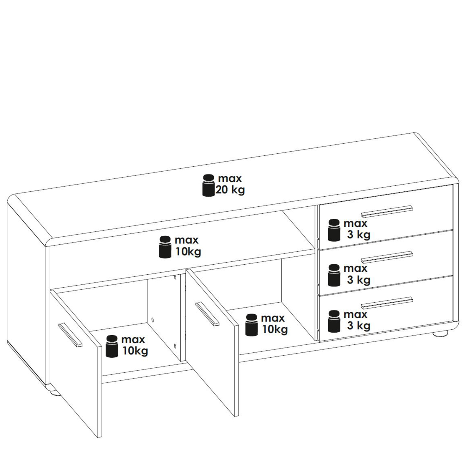 TV-Lowboard - Betonoptik-weiß - 3 Schubkästen - 150 cm