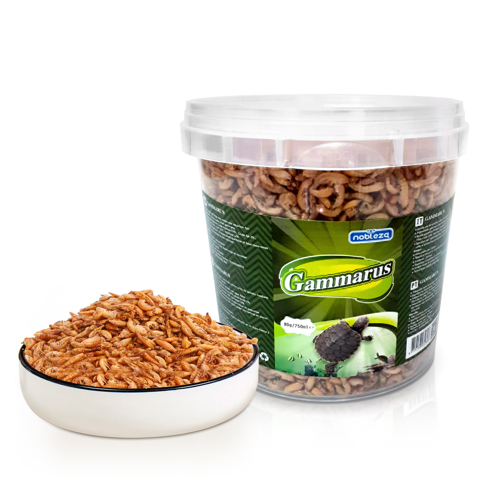Alimento para tartarugas marinhas e cágados Nobleza, feito com camarões de rio naturais de alta qualidade, 80g / 750ml