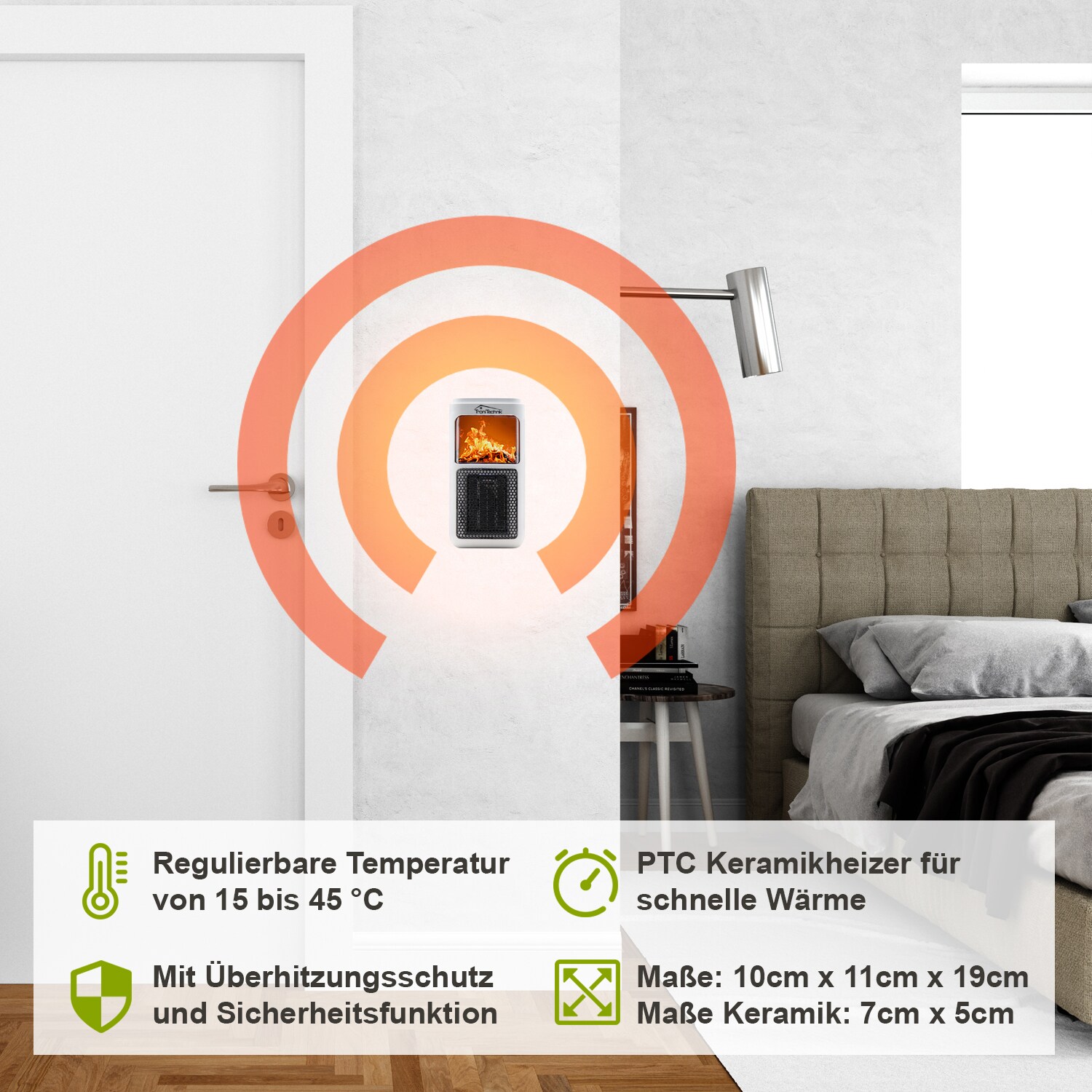 TroniTechnik® Steckdosen Heizlüfter Energiesparend Mini, Kaminfeuereffekt LCD Display Keramik Heizung mit Thermostat 400W