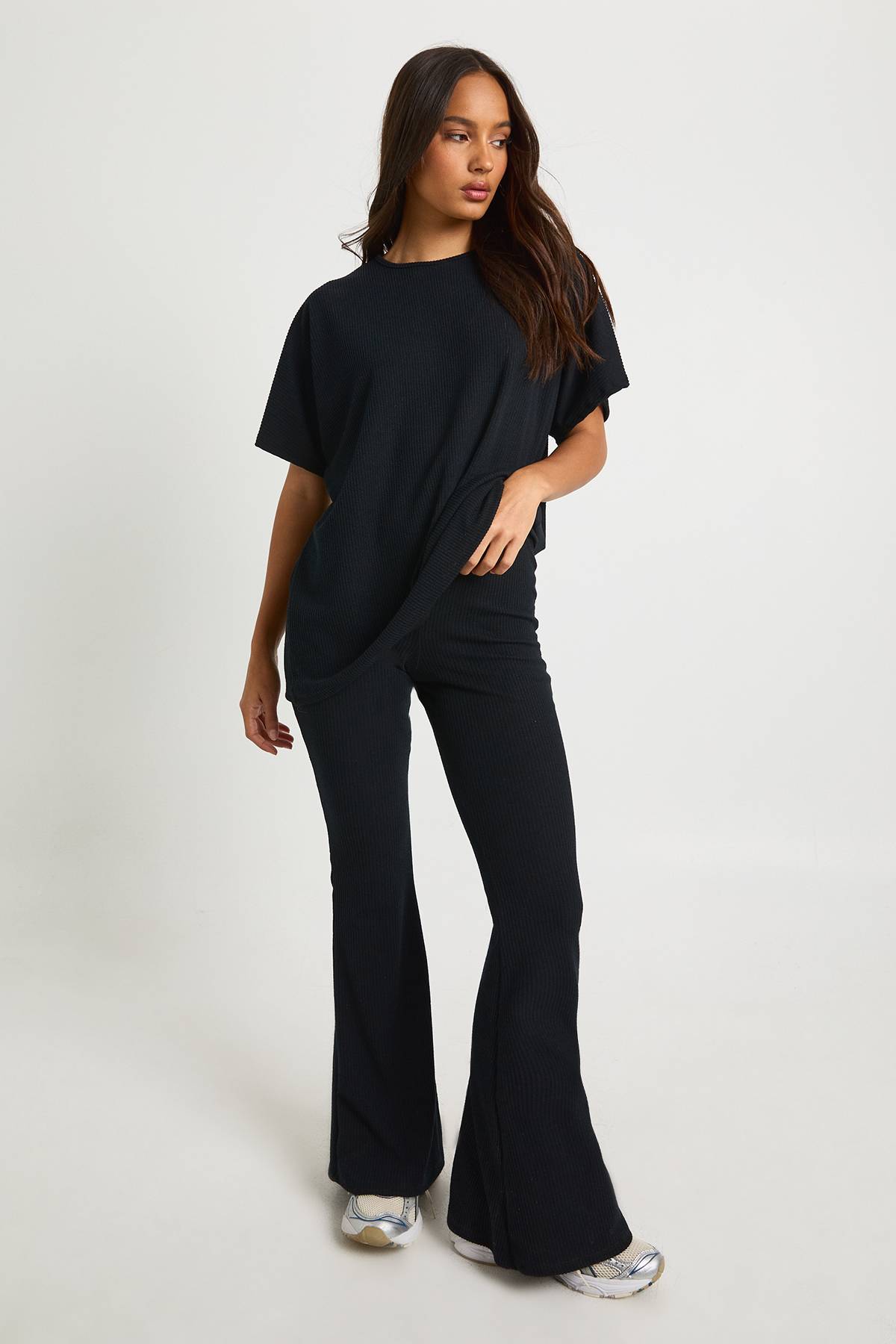 boohoo Legging côtelé bicolore évasé & top coordonné