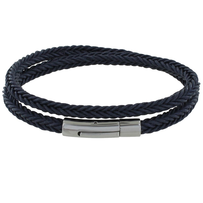 Bracelet Homme Double Tour Tresse en Coton Carré - Bleu Navy