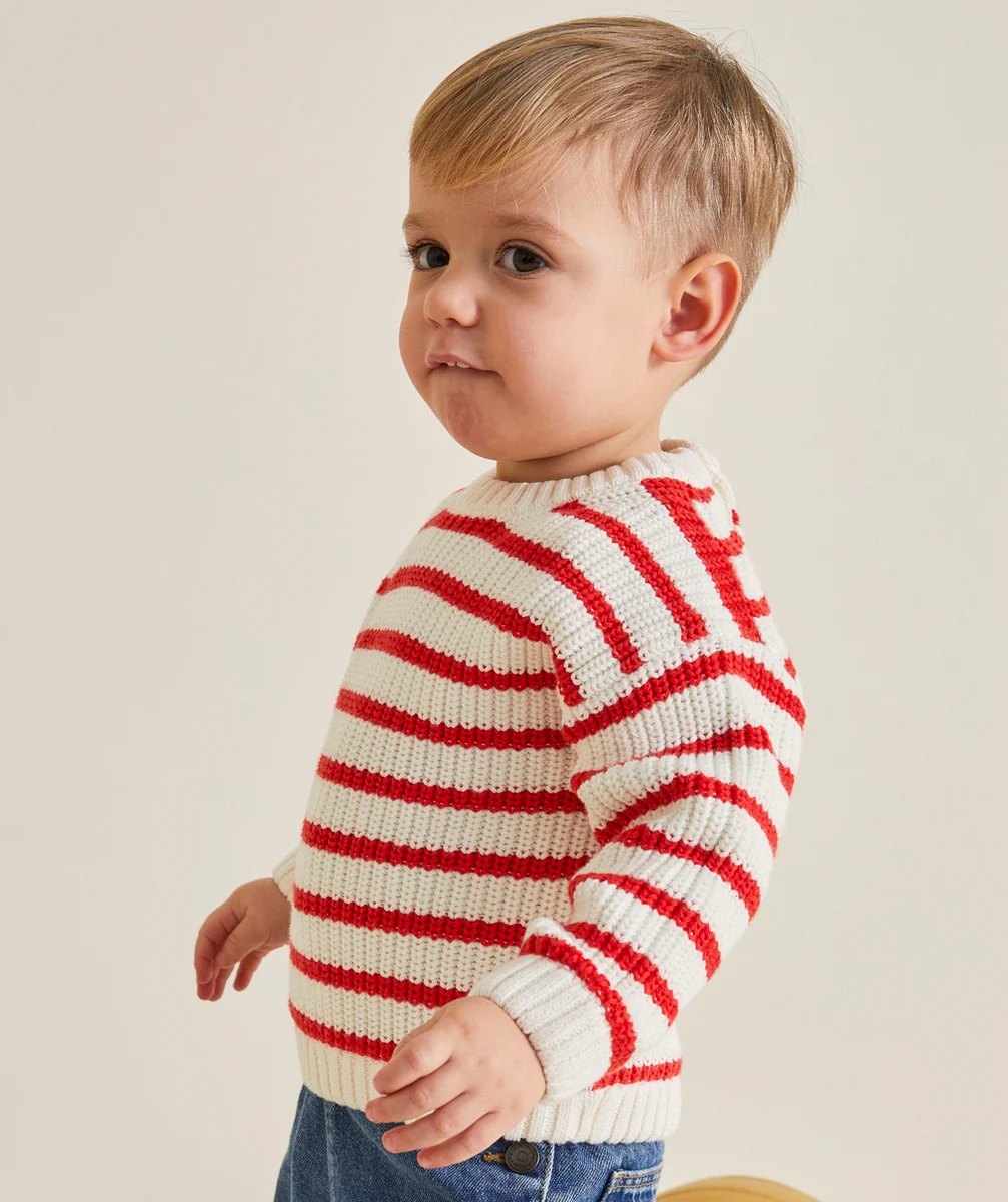 PULL EN TRICOT BÉBÉ GARÇON EN COTON BIO AVEC RAYURES ROUGE