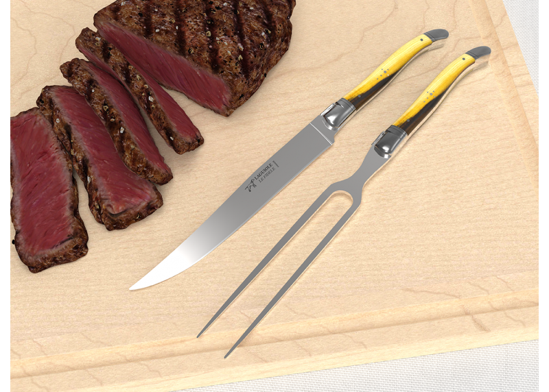 Service à viande Laguiole avec un manche en bois de pistachier et mitres en acier inoxydable