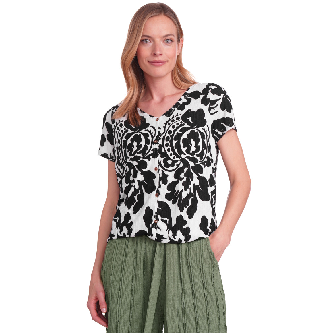 Damen T-Shirt mit floralem Muster schwarz / weiss
