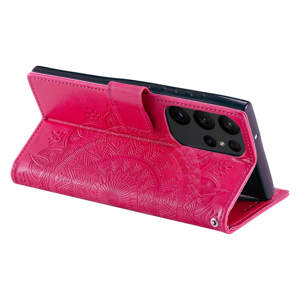 Samsung Galaxy S23 Ultra 5G Leder Tasche Wallet - Mandala Flowers Imprint - Rot / Pink