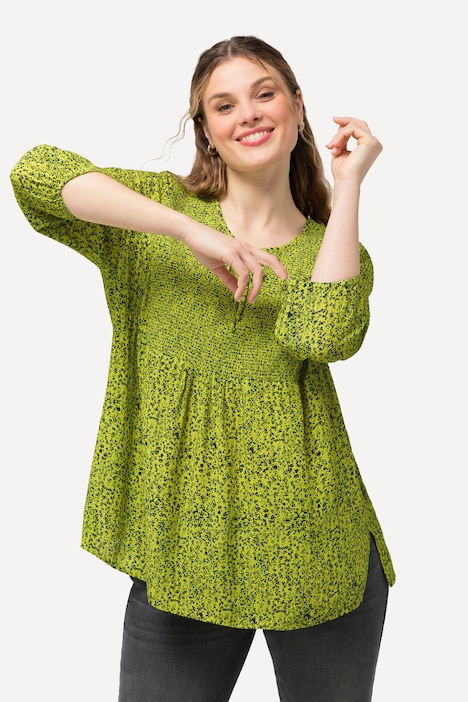 Smokbluse, Punkte, A-Linie, Rundhals, 3/4-Arm