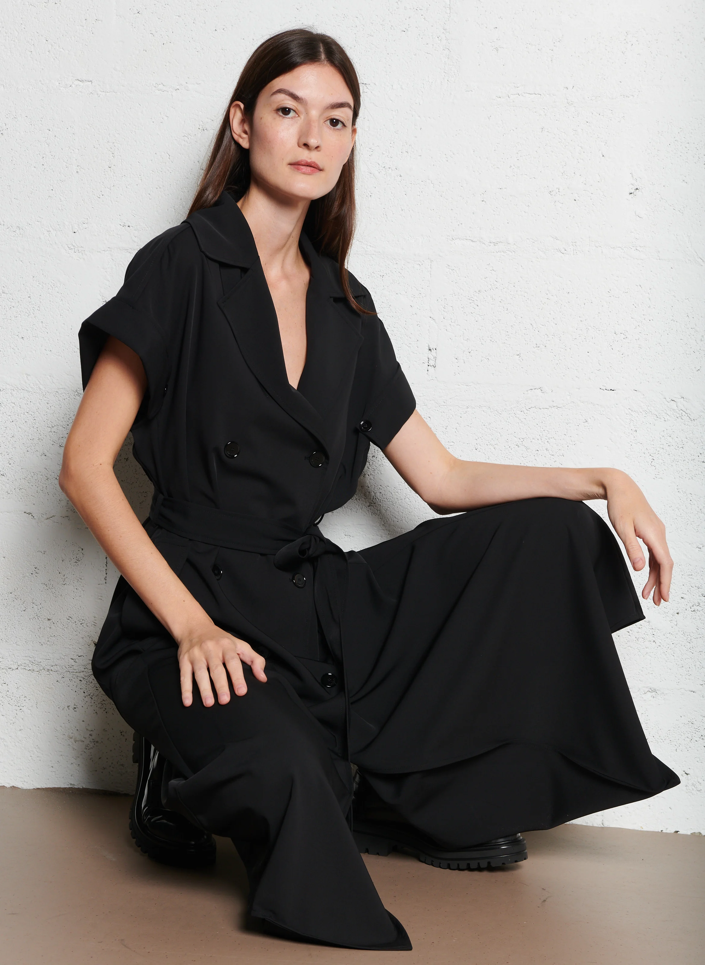 Robe longue ample à col tailleur | Noir