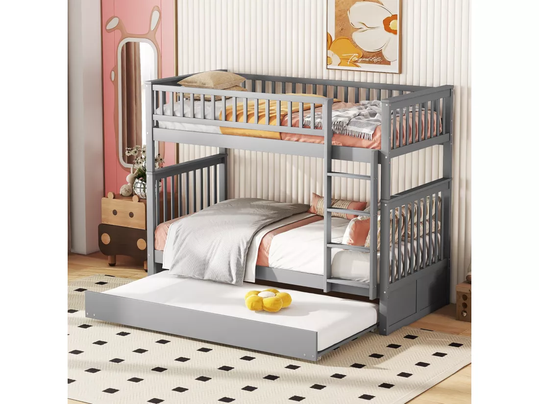 Lits superposés 2 x 90 x 200 cm + lit gigogne 90 x 190 cm - Bois MDF - Gris - ANTHONY
