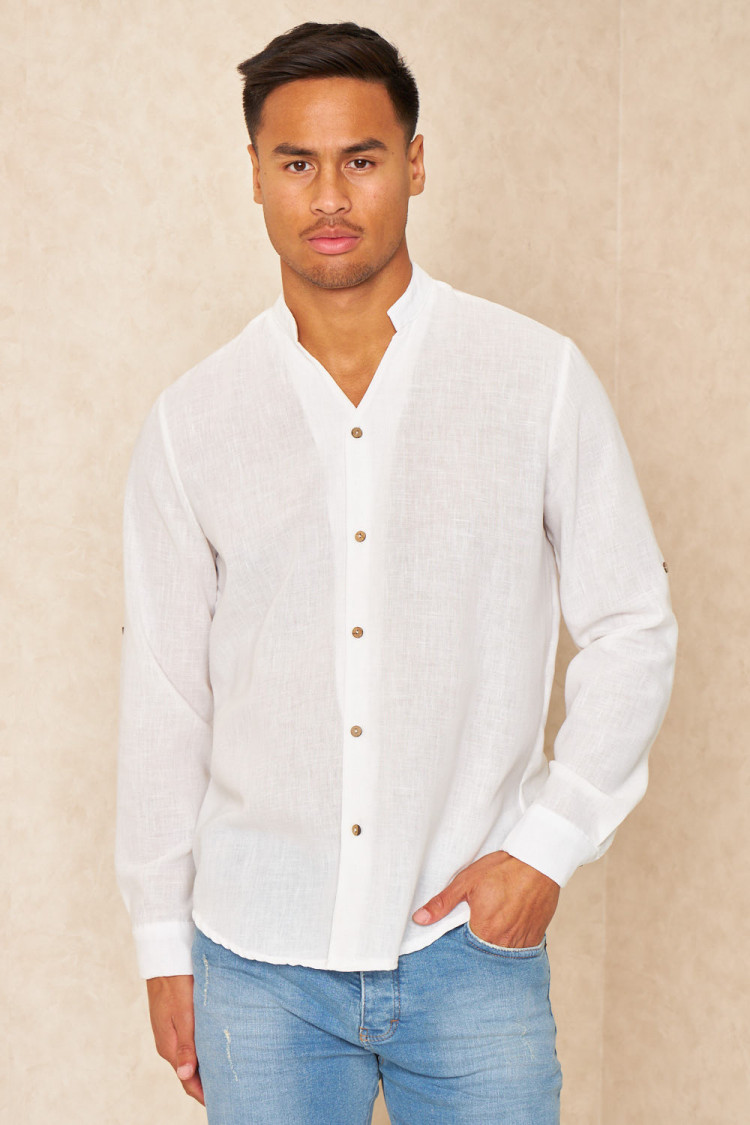 Chemise fluide col V mao texture lin blanc