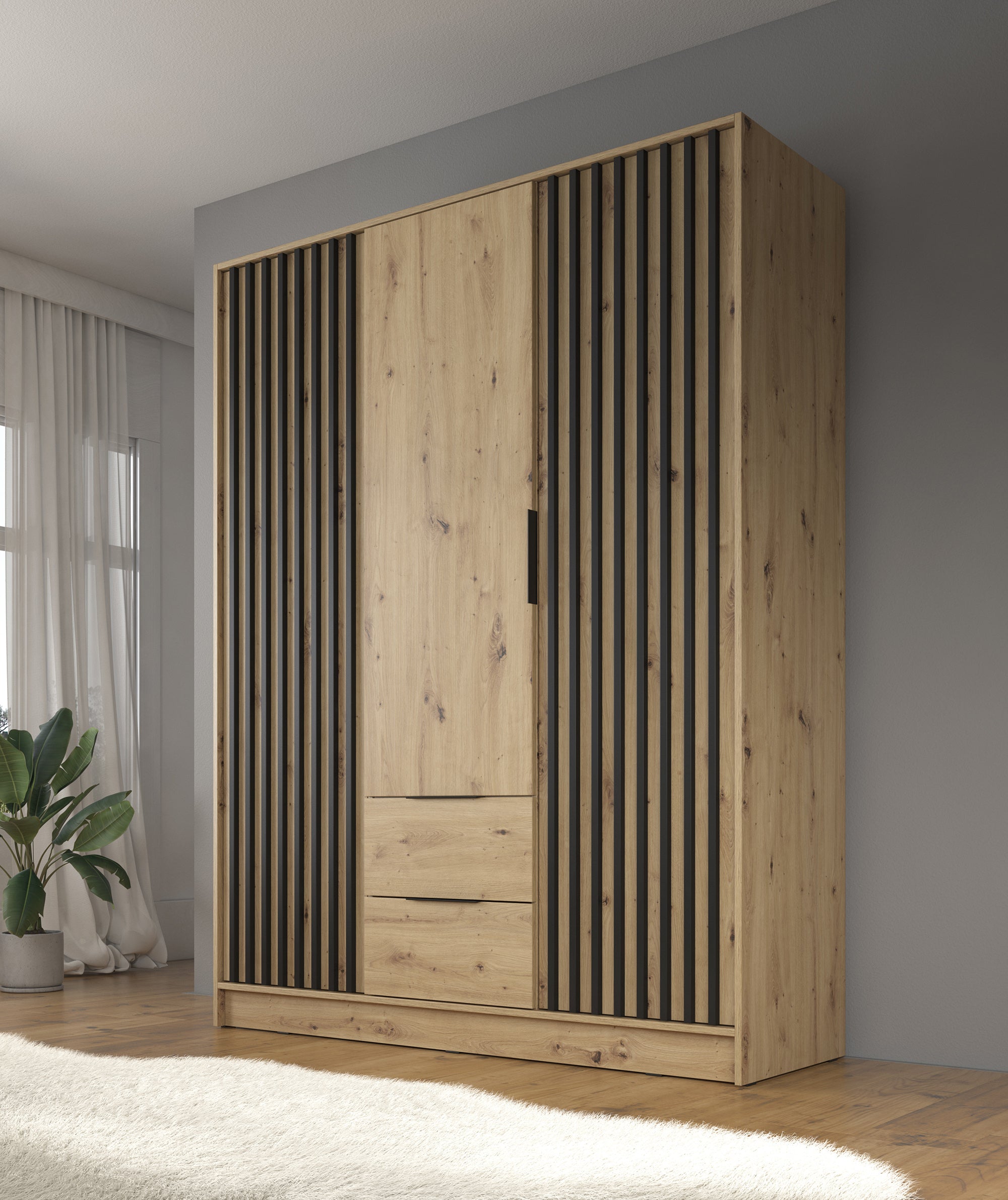 Nairobi - Kledingkast 3-deurs - Eiken/zwart - 155x51x200 cm