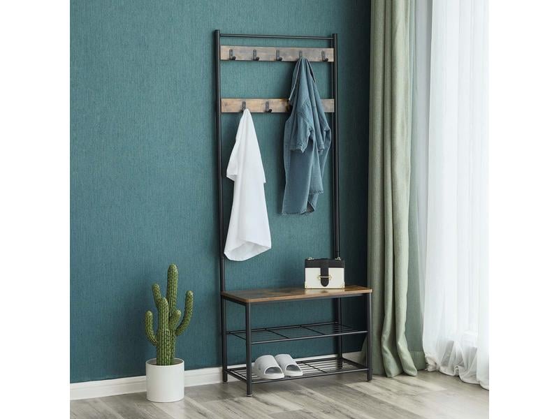 VASAGLE Garderobe mit Schuhablagen 175 cm, Braun/Schwarz Kleiderständer mit Sitzbank