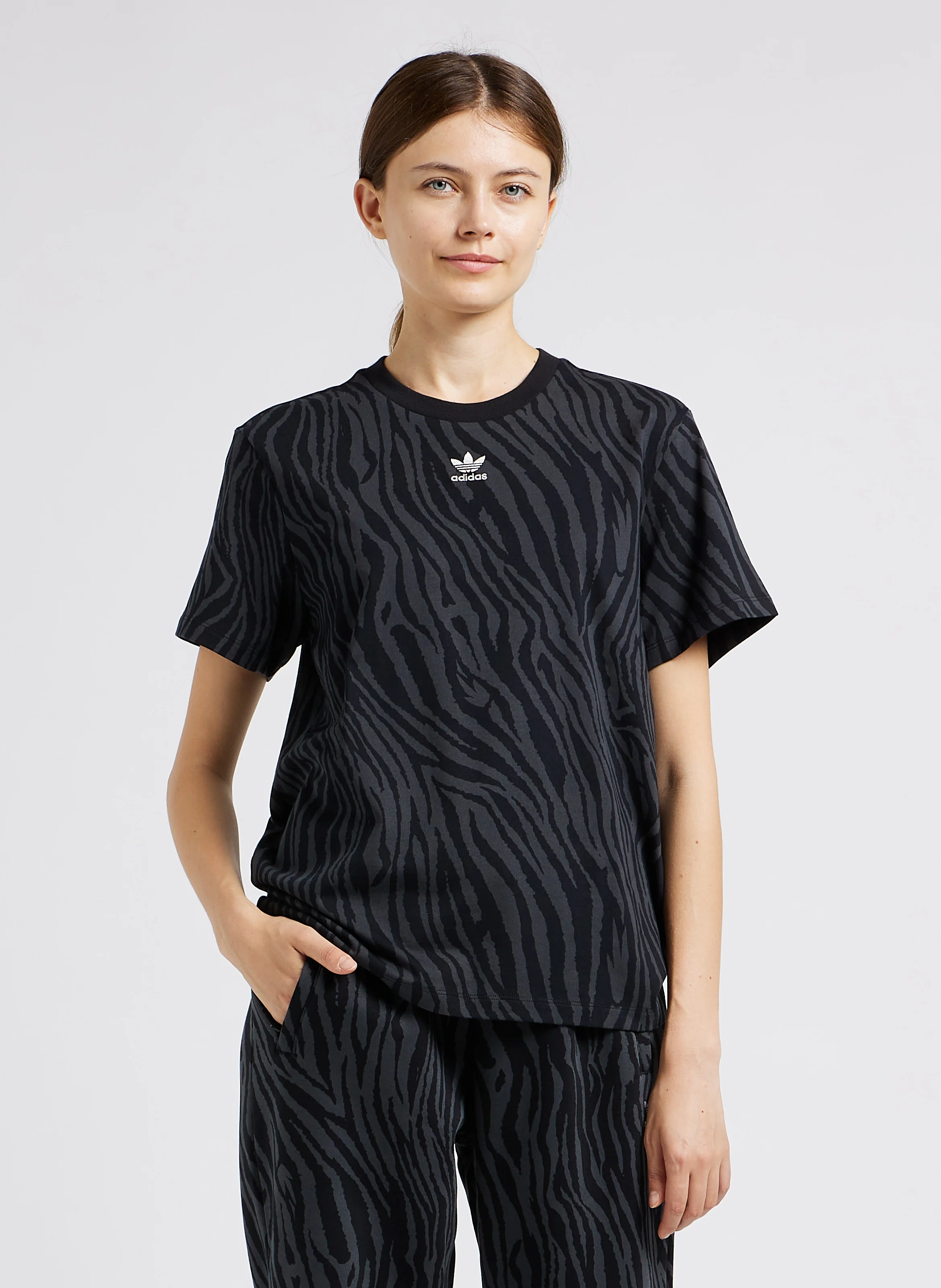 Tee-shirt col rond droit imprimé zébré | Noir