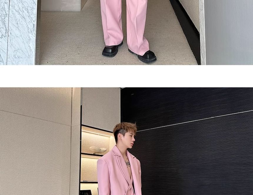 Omozando - Set: Mock Two-Piece Peak Lapel Plain Buttoned Slit Blazer + Mid Rise Wide Leg Dress Pants