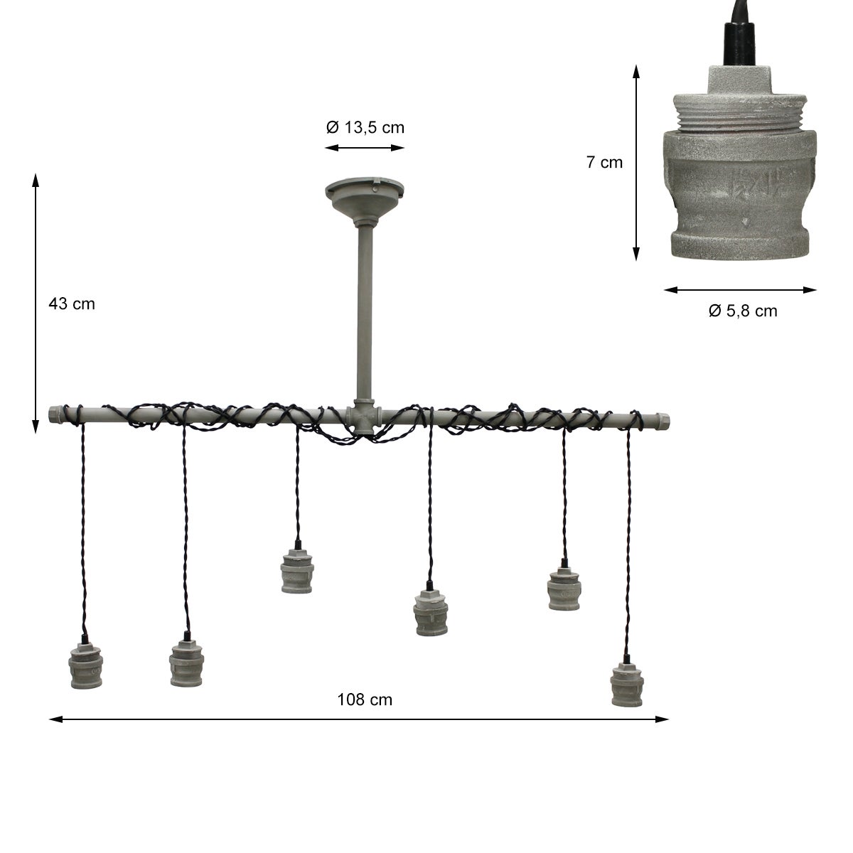 ECD Germany Hanglamp, 6-lichts hanglamp, E27-fitting, 43 cm, betonlook/zwart, metaal/kunststof, vintage/retro design - Hanglamp, plafondlamp, kroonluchter, licht, lamp