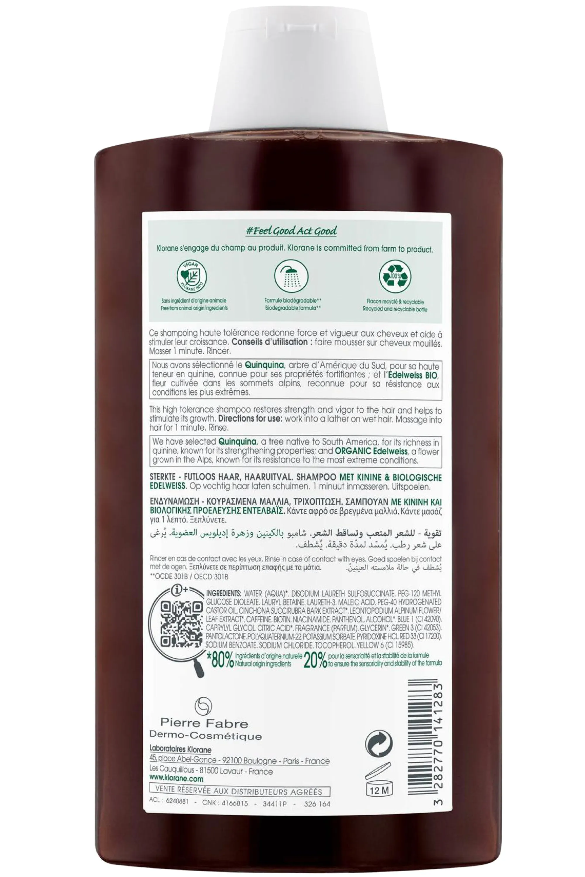 Klorane Shampoing fortifiant à la Quinine & Edelweiss bio-400 ml