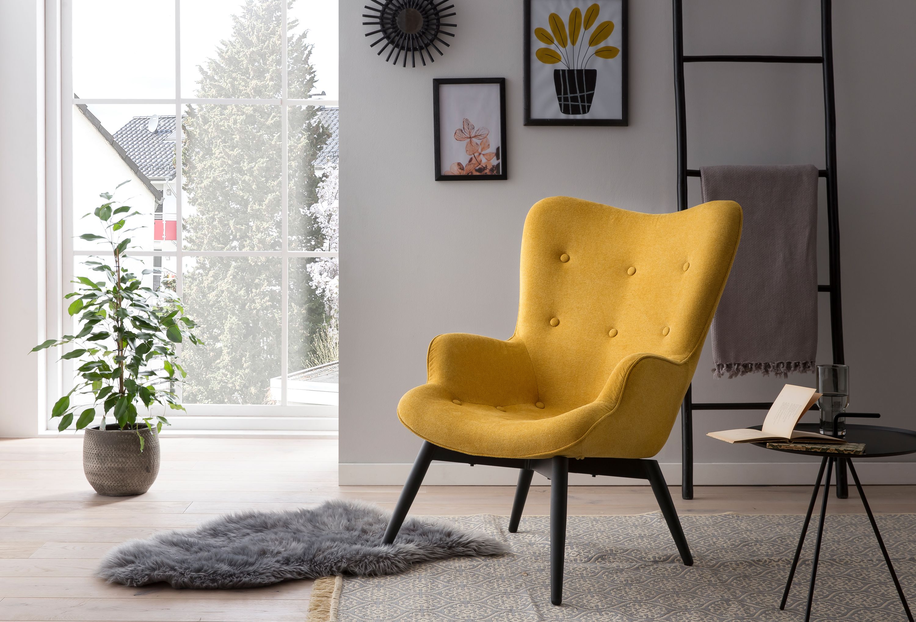 Sessel Gelb Strukturstoff Relaxsessel Polstersessel Ohrensessel Loungesessel