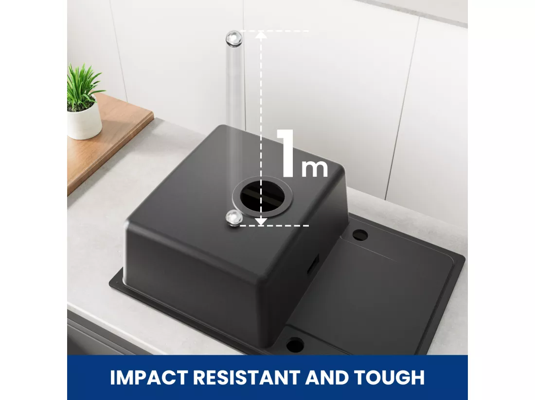 Noir Evier à Encastrer 1 Bac avec Egouttoir, Quartz et Résine, 65x45cm + Robinet de Cuisine à eau Froide,Brossé