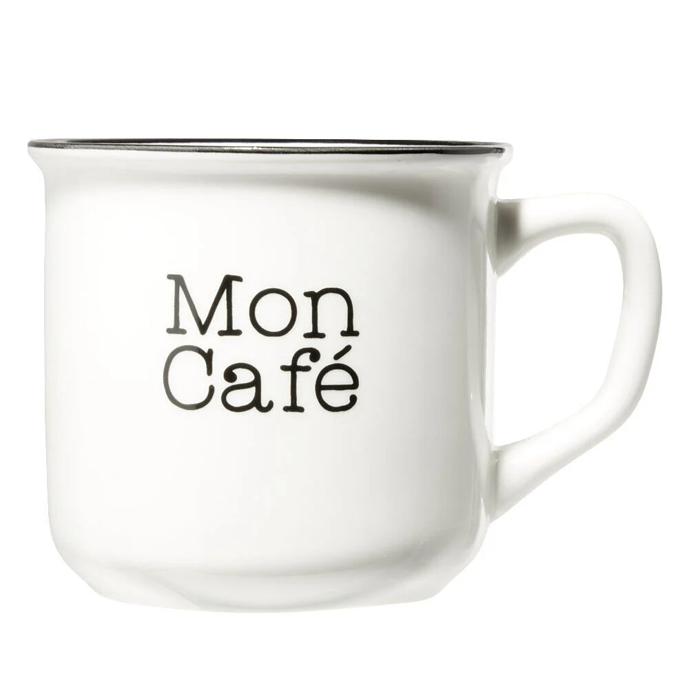 Mug café en porcelaine effet email blanc et bord noir Mon café 33cl H8,5cm
