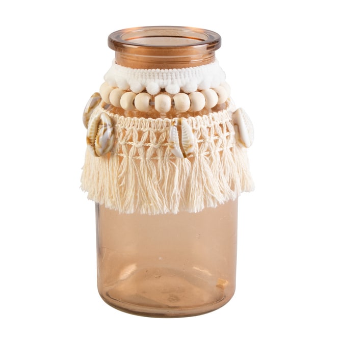 Vase mit Makramee und Muscheln - braun/creme mit Muscheln - aus Glas - ca. 6,5 x 12,5 cm