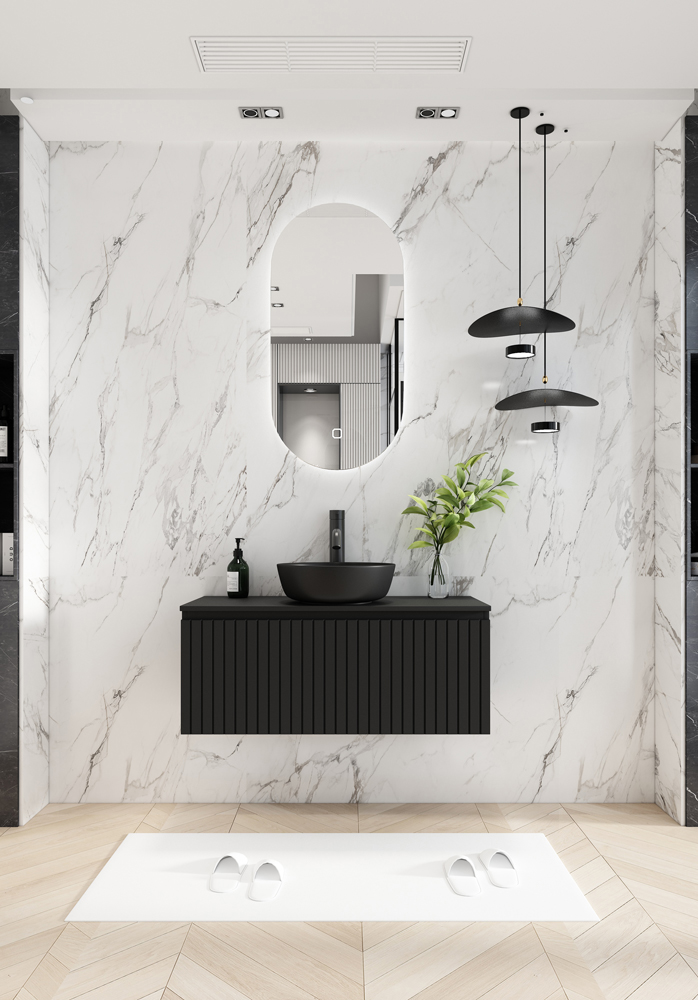 Fontana Stripe zwart badmeubel ribbelfront 100cm met zwarte waskom en ovale LED spiegel