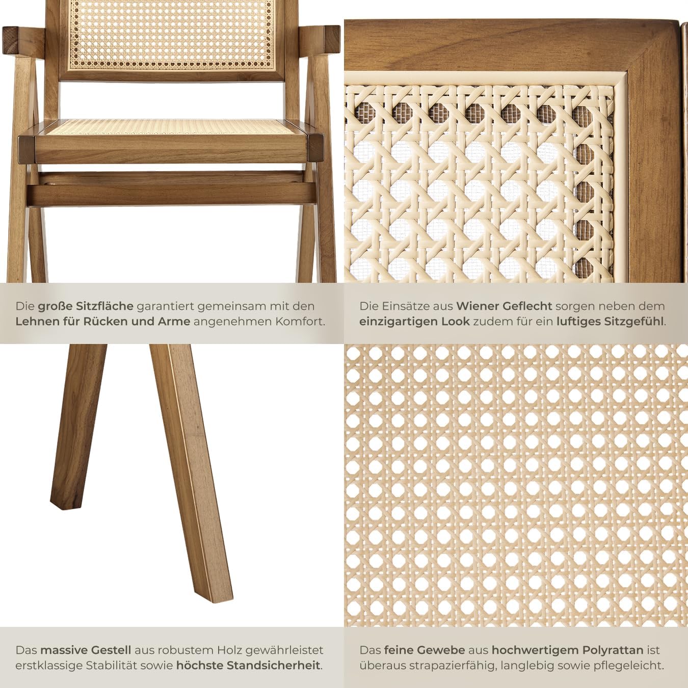 tectake® Stuhl mit Armlehne, Küchenstuhl, Armlehnstuhl, Boho Korbsessel Wiener Geflecht, Dining Chair, Stuhl Esszimmer, Sessel Wohnzimmer, Holzstuhl, Sitzecke Küche - Eiche hell mit Armlehne, 1 Stuhl