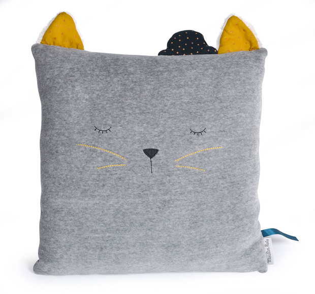 Coussin chat gris clair Les Moustaches - MOULIN ROTY