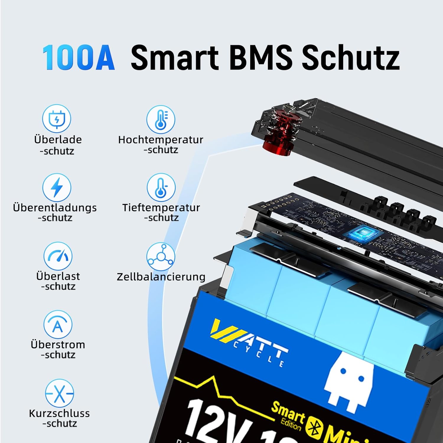 WattCycle 12V 100Ah LiFePO4 Lithiumbatterie mit Bluetooth,12V Mini Batterie 100A Smart BMS,Unterstützung der Batterieüberwachung über Bluetooth-App,15000 Tiefentladezyklen,für Wohnmobil,Wohnwagen,RVs