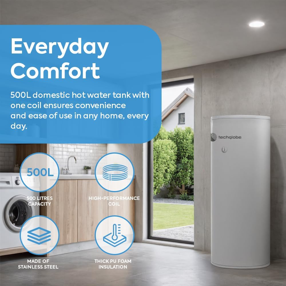 TECHGLOBE - Brauchwasserspeicher mit 1 Wärmetauscher (4 m²) - Komplett aus Edelstahl - Energieeffizient Warmwasserspeicher- mit 50mm Isolierung (500 L)
