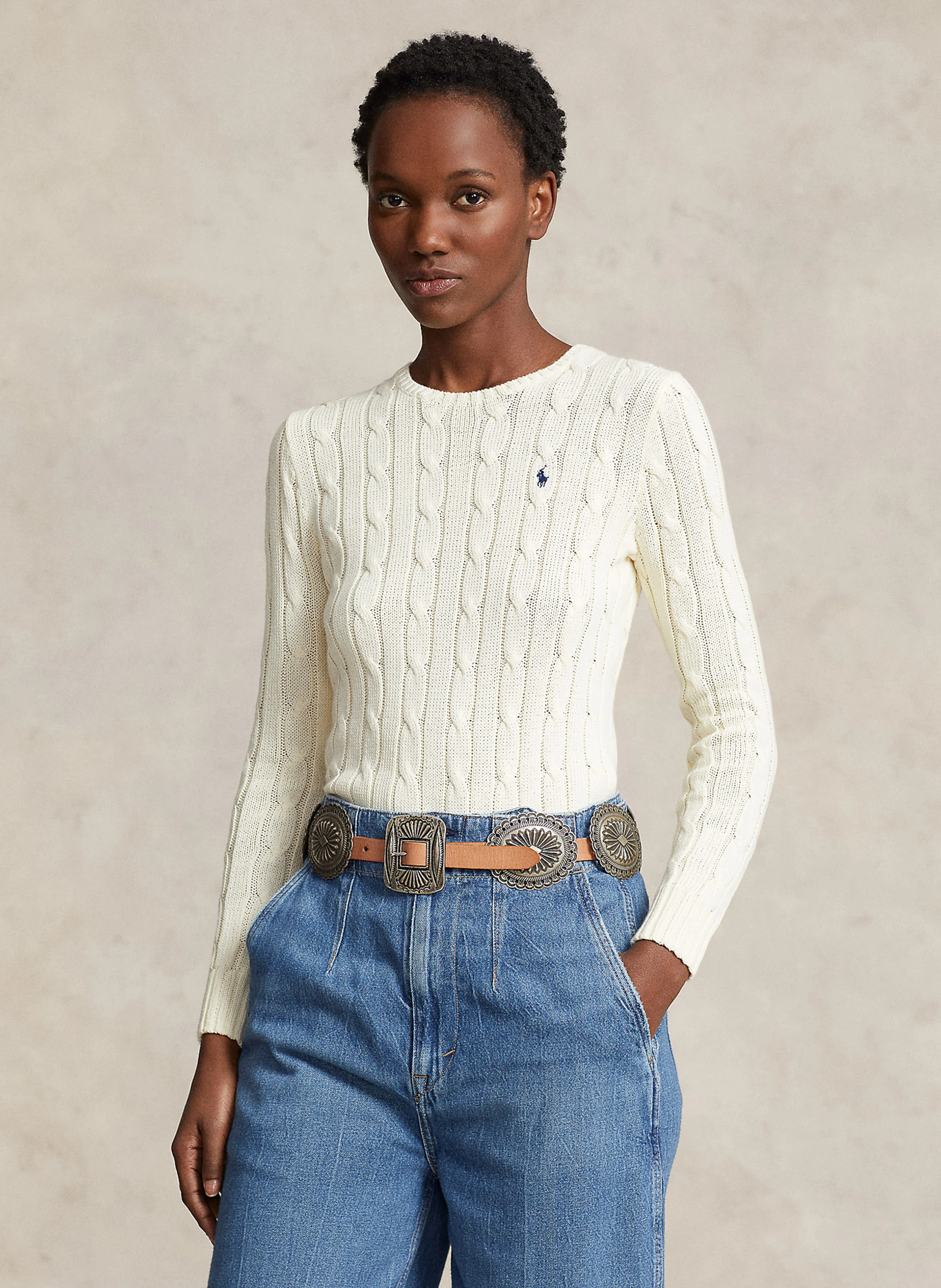 Pull col rond brodé en coton | Beige