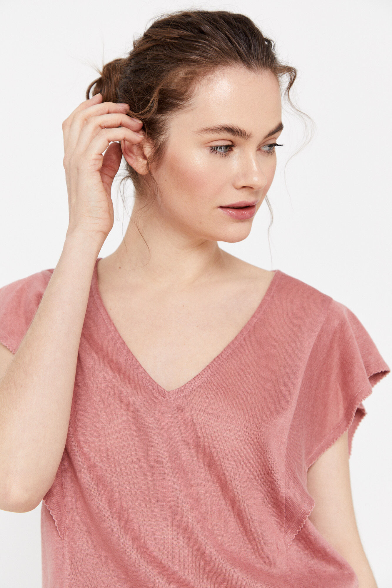Camiseta com babados e efeito linho - Rosa